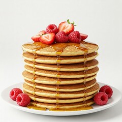 Stack of pancakes with maple syrup and berries, white background