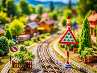 Miniature Railway Crossing Sign, Toy Train Crossing, Tilt-Shift Diorama, Charming Railroad Scene, Model Train Photography