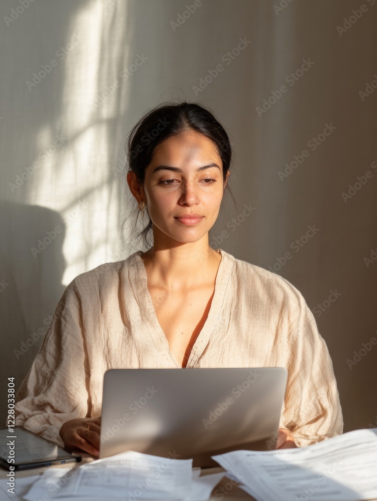 Aufkleber sunlit minimal workspace indian woman utilizing laptop for seamless e-governance - enhancing citizen