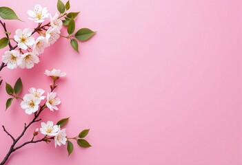 Obraz premium Spring frame with cherry blossoms frame on pink background. Flat lay floral composition for design, greeting card, postcard. Easter holiday celebration