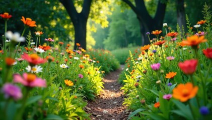 Overgrown wildflowers bloom along the ancient path, trail, pathway