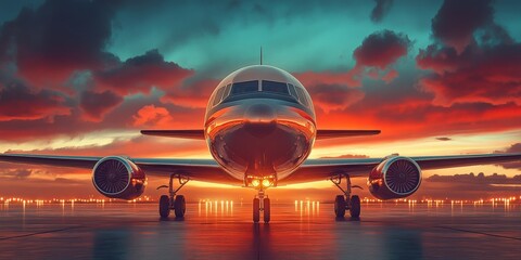 Airplane taking off at sunset airport runway aviation photography dramatic sky front view