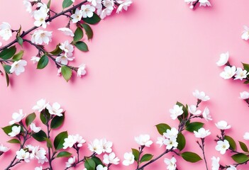 Obraz premium White spring cherry blossom branches on pink background. Natural floral frame composition. Romantic and tender sakura flowers. Fresh botanical flatlay