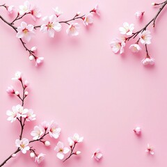 Delicate cherry blossom branches on pink background. Japanese spring sakura flowers creating corner frame composition. Natural floral arrangement for romantic and feminine design