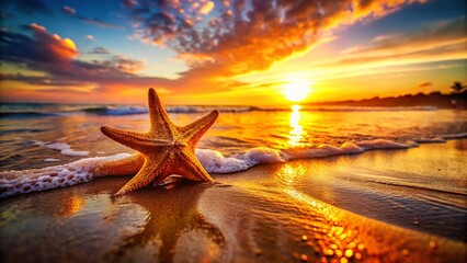 Fototapeta na wymiar Miniature Starfish on Sandy Beach at Sunset - Tropical Seashore Relaxation