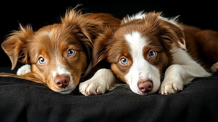 Two brown and white puppies resting on a dark surface, showcasing their adorable expressions and playful nature - Powered by Adobe