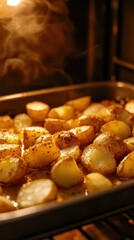 Sliced potatoes with spices baking in oven on metal tray