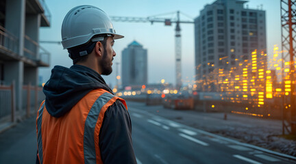 Obraz premium Engineer overseeing smart construction site with digital technology
