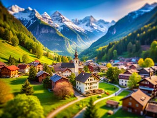Obraz premium Miniature Swiss Alps: Idyllic Mountain Village Tilt-Shift Photography