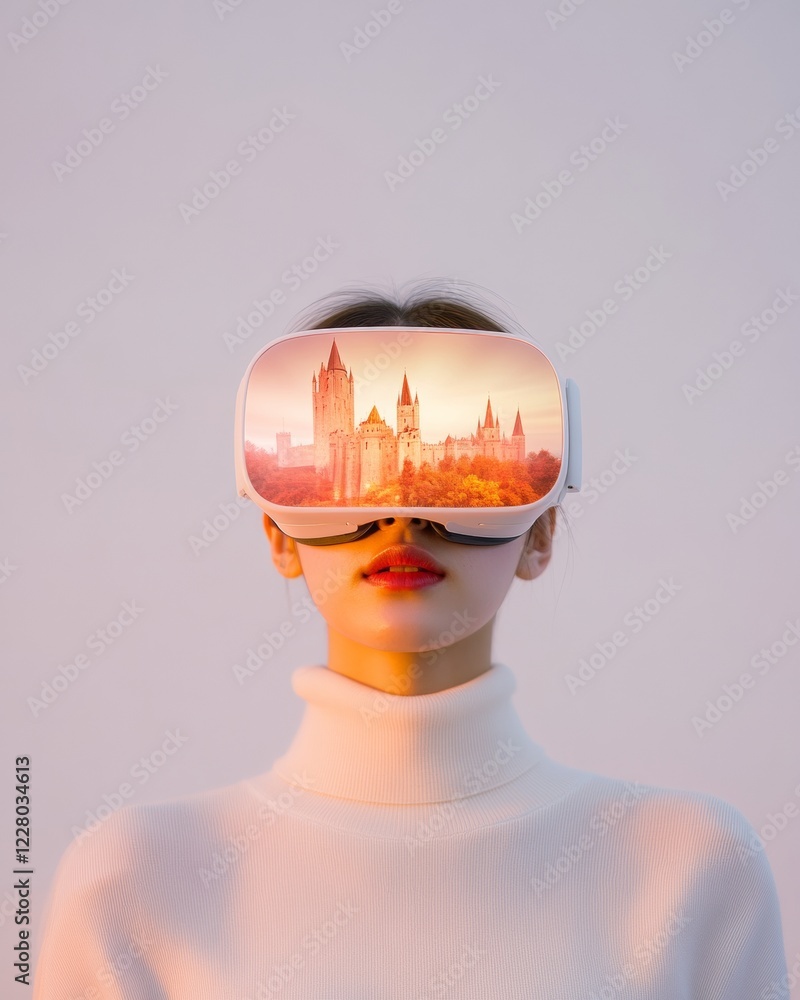 Aufkleber immersive learning korean woman engaged in vr history experience with medieval castle projection enh