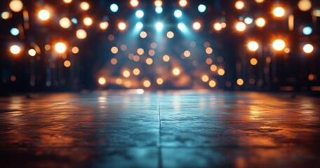 Bright stage lights illuminate a performance area in a vibrant setting for an evening event