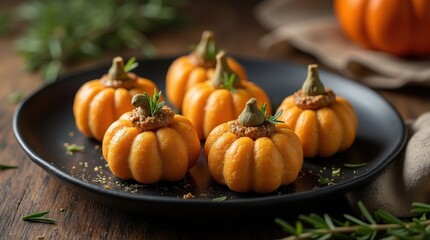Obraz premium Savory duck pate cookies shaped like miniature pumpkins with thyme