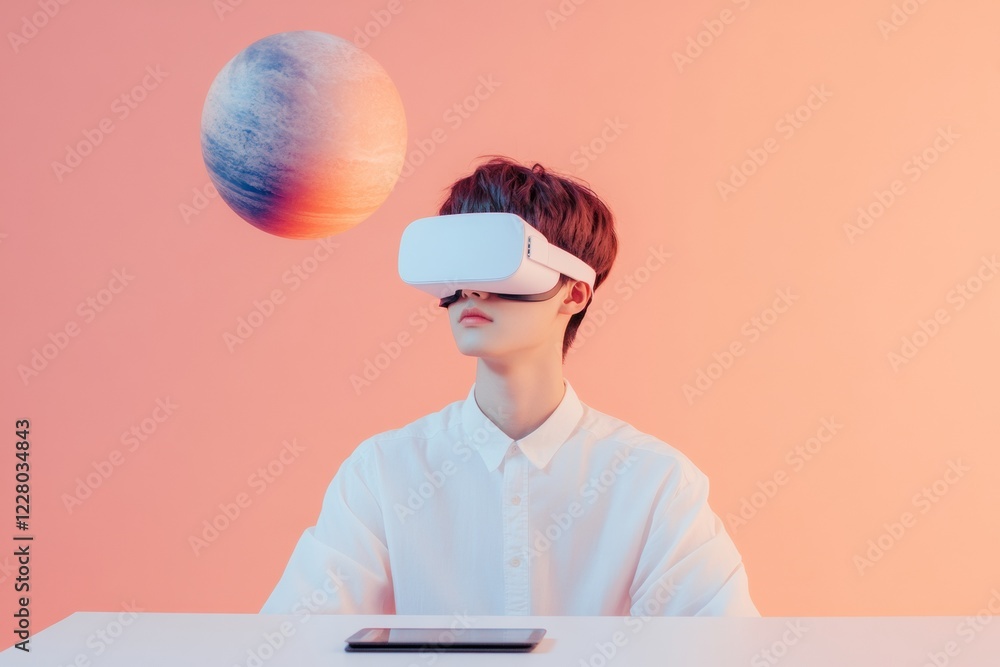 Poster futuristic edtech experience korean student engages with vr solar system model in minimalist digital