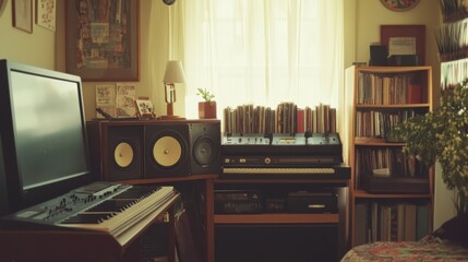 Fototapeta premium A home music studio with a keyboard, synthesizer, and shelves of records.