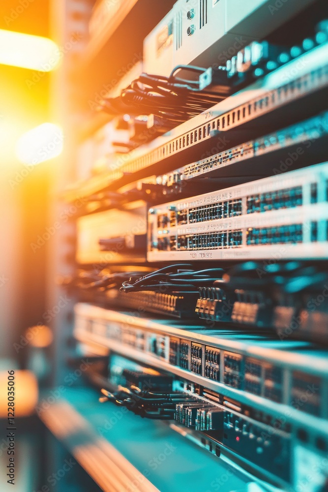 Poster network servers storing digital information with cables and lights illuminating data center