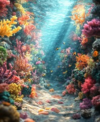 Obraz premium Colorful coral reef teeming with life beneath clear water