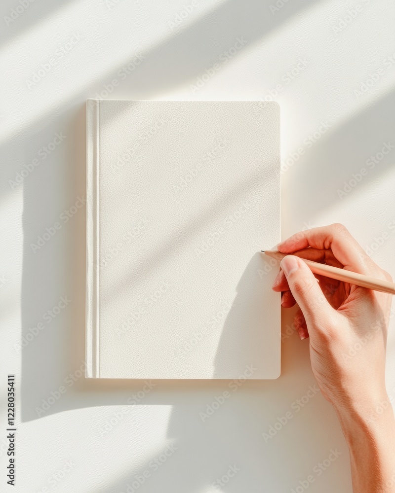 Poster minimalist desk inspiration hand hovering over blank notebook in soft natural light - thoughtful con