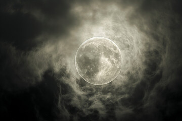 The moon in the night sky in clouds close-up. Generative AI