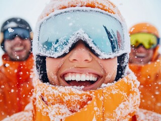 Joyful Snowsports Adventure Diverse Friends in Vibrant Gear Enjoy Ski Lessons for Modern Team Building and Winter Tourism - Capturing Authenticity and Inclusion in Leisure Content