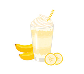 Banana smoothies glass isolated on white. Tropical fruit milkshake. Vector cartoon flat illustration