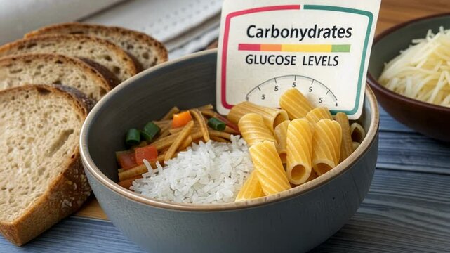 Closeup of a bowl of pasta rice and bread with a meter reading showing increased sugar. An informative label beside it explaining how all carbs affect glucose.