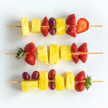 A vibrant mixed fruit kabobs with pineapple, strawberries, and grapes