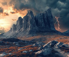 Fototapeta premium Dramatic mountain landscape under stormy sky at dusk