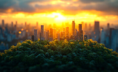 Obraz premium A city is shown in the foreground with a large city in the background. The sun is setting, casting a warm glow over the scene. The city is surrounded by trees, giving it a peaceful