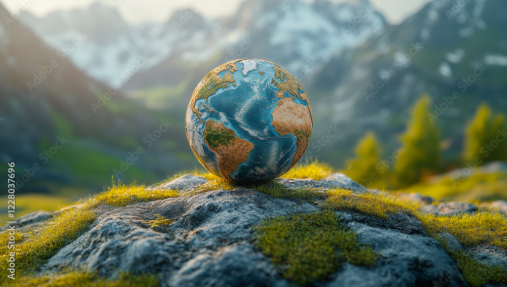 Poster a small globe is sitting on a rock in a grassy field. the scene is peaceful and serene, with the mou