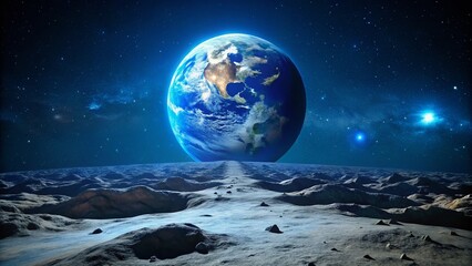 Minimalist Blue Earthrise: Moon Surface Perspective Stock Photo