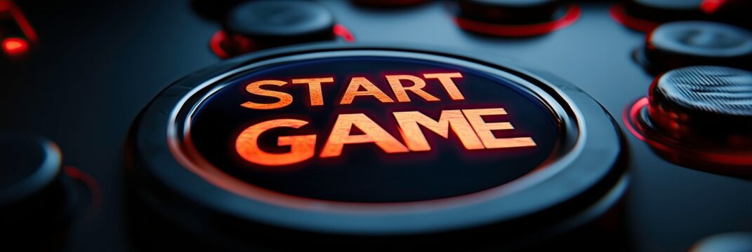 Glowing "Start Game" button on arcade machine in close-up view.