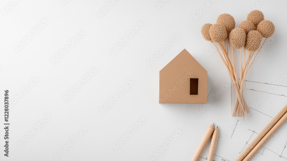 Poster Minimalist Workspace Aesthetic with Cardboard Model and Neutral Textures for Creative Architecture Planning - Ideal for Design Innovation and professional Project Visualizations