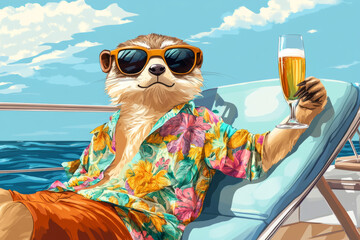 watercolor illustration of a funny meerkat spending his vacation on a yacht wearing sunglasses and an orange shirt, sunbathing on a sun lounger and drinking champagne. dream vacation