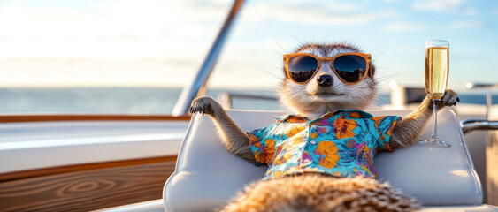 a funny meerkat on a yacht in sunglasses and a Hawaiian shirt sunbathes on a sun lounger and drinks champagne. dream vacation