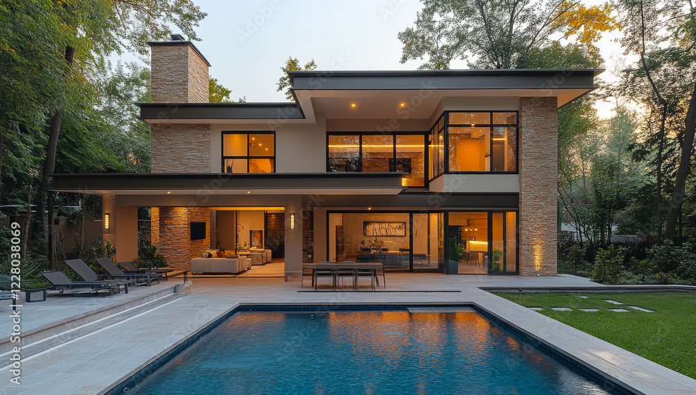 Poster a large house with a pool and a fireplace. the house is surrounded by trees and has a modern design