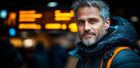 Obraz premium A man with a beard and gray hair is standing in front of a sign. He is wearing a black jacket and a backpack