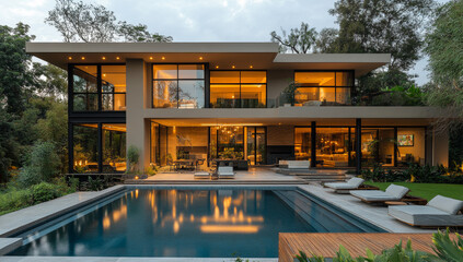 Obraz premium A large house with a pool and a lot of windows. The house is very modern and has a lot of natural light coming in