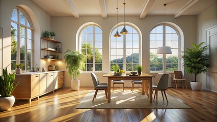 Fototapeta premium Minimalist Bright Room Midday Sunlit Arch Window Interior Design Stock Photo