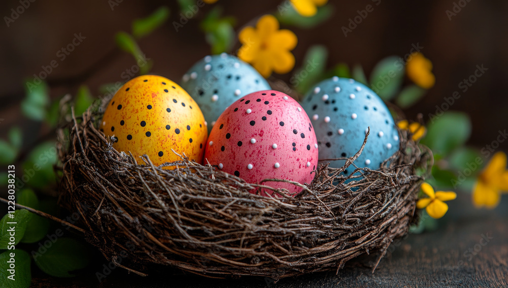 Aufkleber a nest of eggs with a yellow flower in the background. the eggs are painted in different colors and 