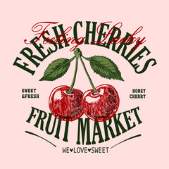 Fresh Cherries in Hand drawn sketch. summer fruit food fashion. fashion graphic. vintage retro prints. print design. typography t shirt design. t-shirt prints. © Justin