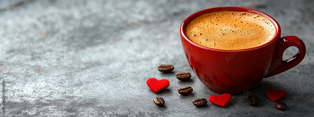 Poster a red coffee cup with a heart on it sits on a table with coffee grounds and a heart-shaped sugar cub