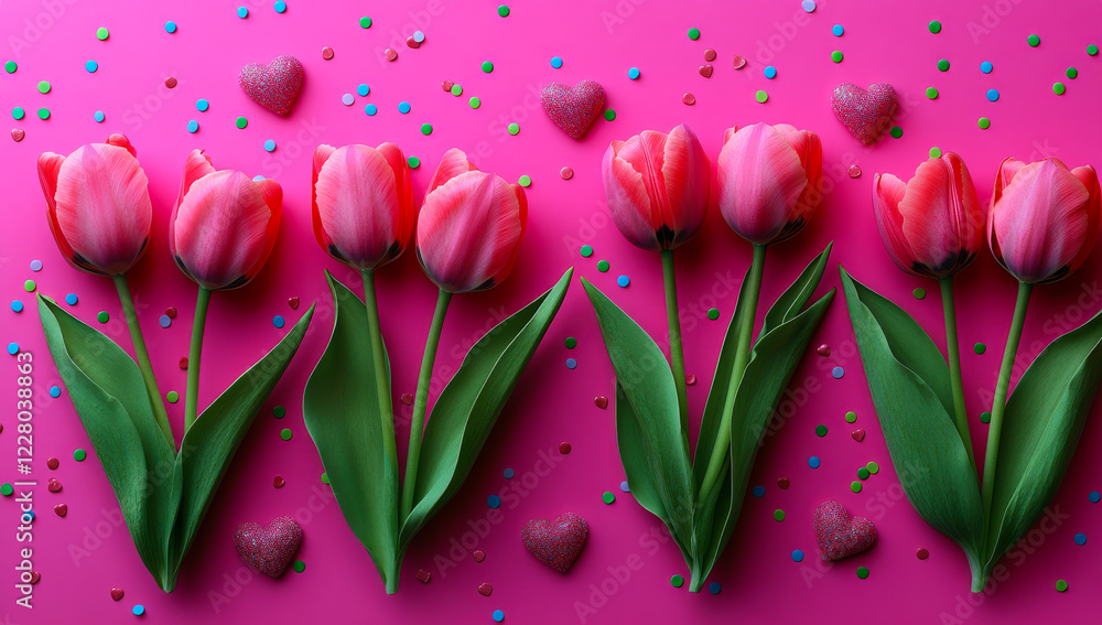 Aufkleber a row of pink tulips with hearts and sparkles in the background. the flowers are arranged in a way t