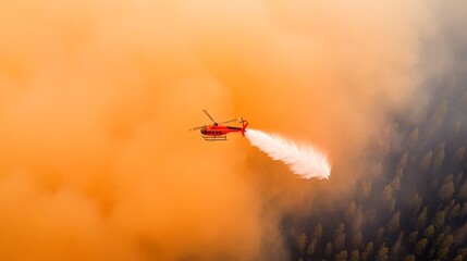 Aerial Wildfire Mitigation Helicopter Water Drop over Smoky Forestscape - Advancing Emergency Relief and Atmospheric for Environmental Monitoring
