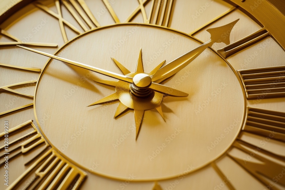 Poster elegant golden clock face with intricate design and pointed hands showcasing the passage of time. ge