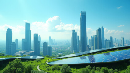 Fototapeta premium City buildings, solar panels and futuristic structures in blue and green tones 