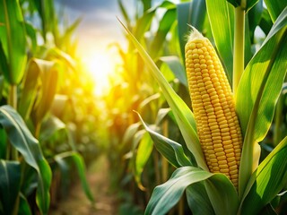 Fototapeta premium Minimalist Corn Cob and Lush Green Leaves in Agricultural Field - Stock Photo