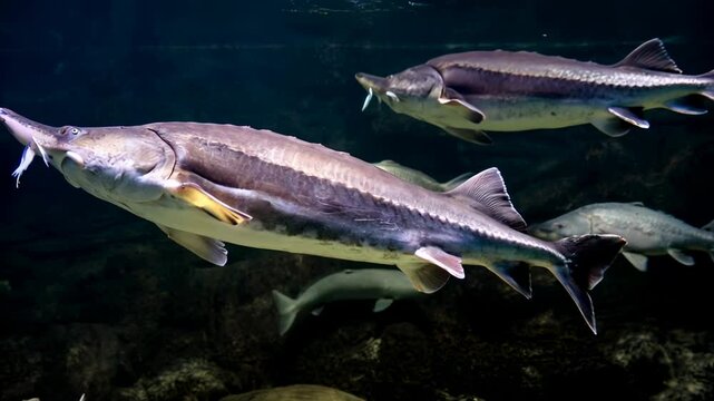 Sturgeons swims underwater, white fish in atlantic water, concept of beluga, kaluga, food, nature, travel, russia. 