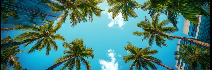 Obraz premium Green palm trees against blue sky and white clouds. Tropical jungle forest with bright blue sky, panoramic nature banner. Idyllic natural landscape, looking up, low point of view. Summer traveling