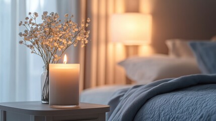 A cozy bedroom scene with a lit candle, flowers, and a bed.