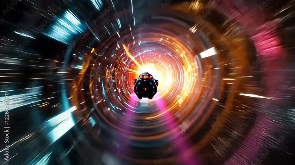 Poster spaceship traveling through a colorful vortex at high speed within a futuristic galaxy